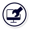 Icono circular azul oscuro de un monitor de computadora con una llave inglesa, que indica la configuración del dispositivo o la reparación.