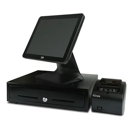 Terminal de punto de venta con pantalla táctil, cajón portamonedas e impresora de recibos, todo en color negro.