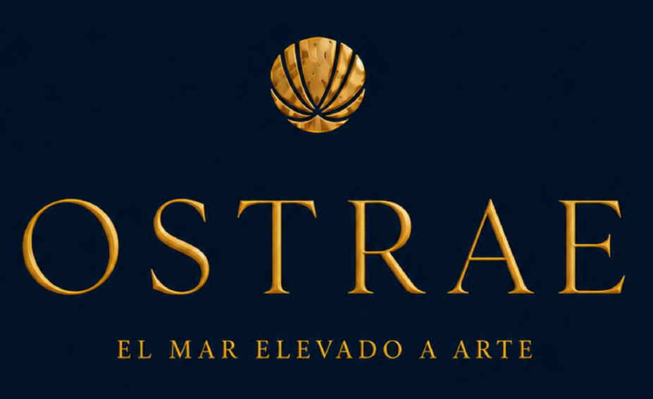 Logotipo dorado de “OSTRAE” con icono de concha y eslogan “El mar elevado a arte” sobre un fondo azul oscuro.