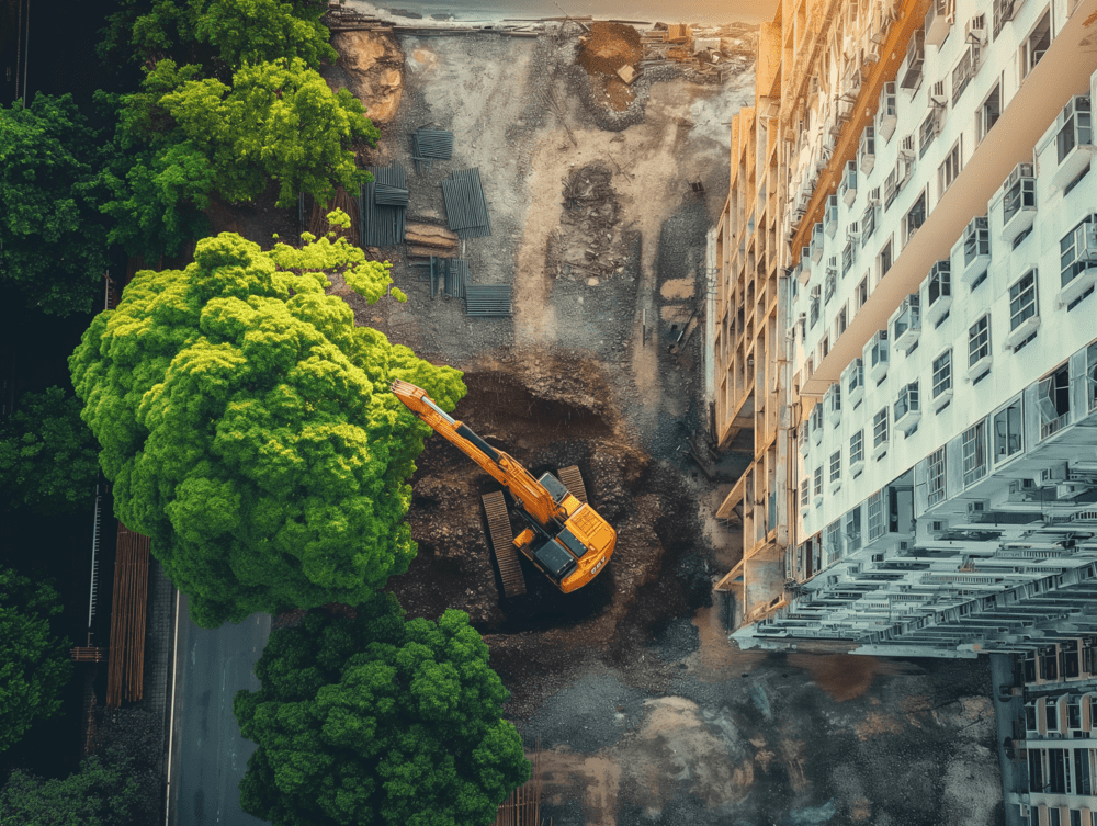 Eine Luftaufnahme einer Baustelle mit einem großen Gebäude im Hintergrund.