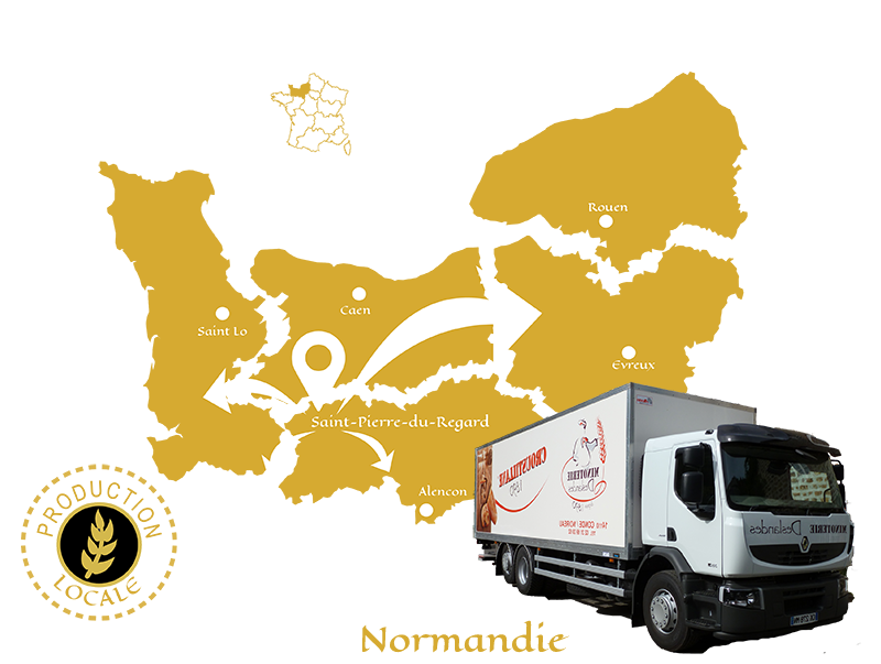 Carte de la Normandie avec un camion qui indique la livraison dans toute la région