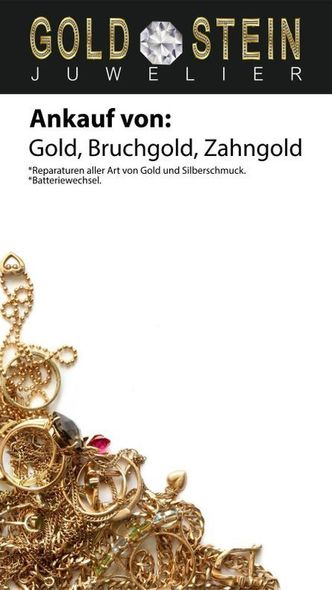 Ein Plakat für Goldsteinjuwelier zeigt einen Haufen Gold