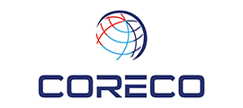 Un logotipo para una empresa llamada Coreco con un globo terráqueo en el medio.