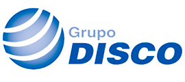 Un logotipo azul y blanco para el grupo disco.