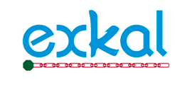 Un logotipo de Exkal azul sobre un fondo blanco.