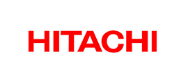 El logotipo de Hitachi es rojo sobre un fondo blanco.