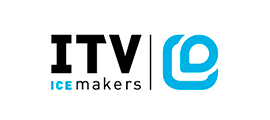 El logotipo de ITV Ice Makers es azul y negro sobre un fondo blanco.