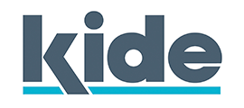 Un logotipo azul y blanco para niños sobre un fondo blanco.