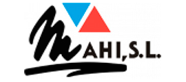 Un logotipo para Mahi SL con un triángulo azul y rojo.