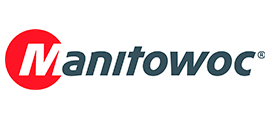 Un logotipo de Manitowoc con un círculo rojo en el medio.