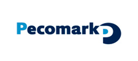 Un logotipo azul y blanco para Pecomark sobre un fondo blanco.