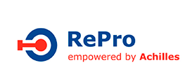 Un logotipo azul y rojo para Repro, potenciado por Achilles.