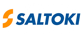 Un logotipo de Saltoki azul y naranja sobre un fondo blanco.