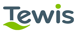 Un logotipo de Tewis con una hoja verde en el medio.