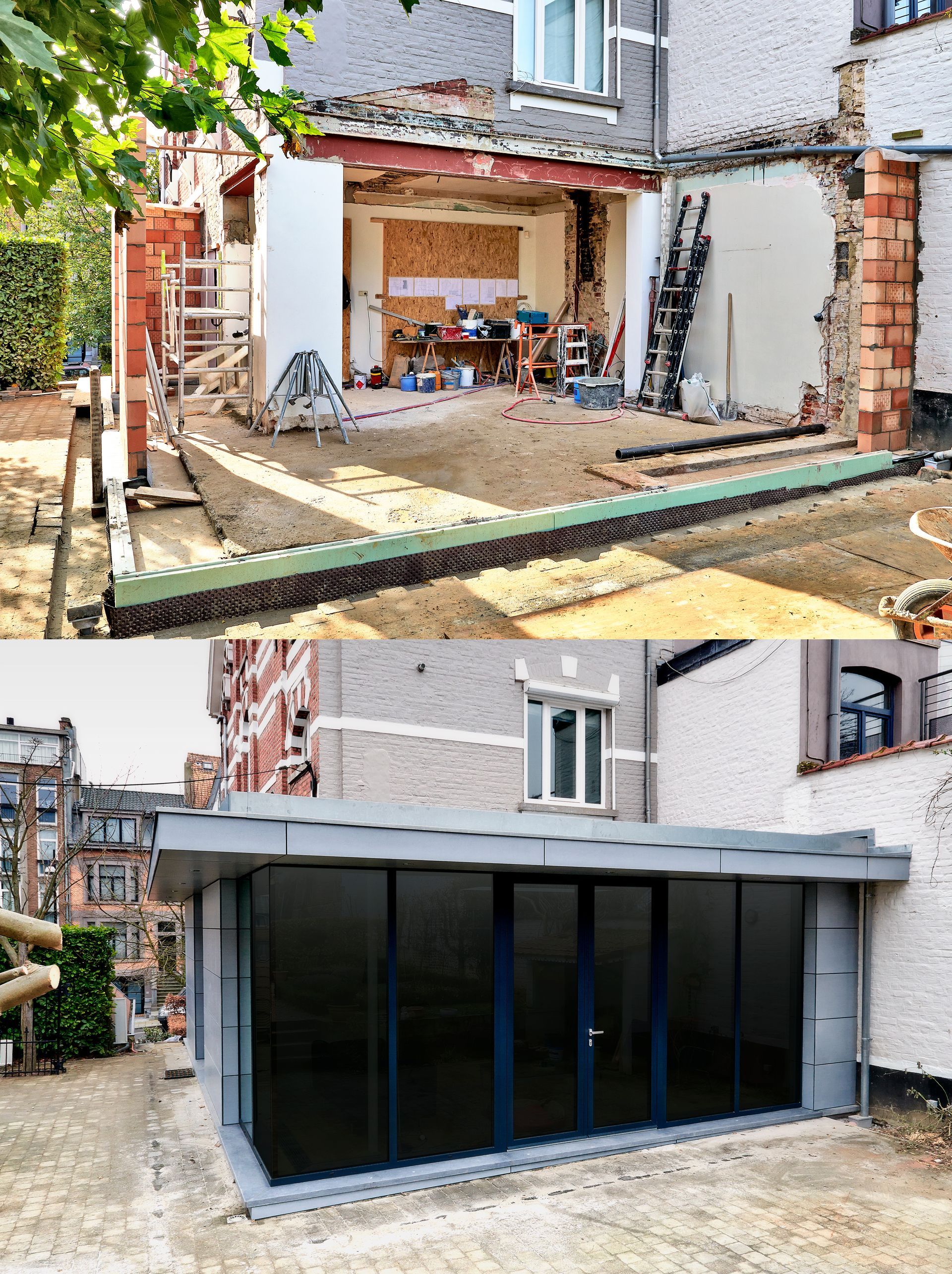 Construction : bâtiment avant et après extension. Démolition d'un mur afin d'avoir une structure moderne vitrée.