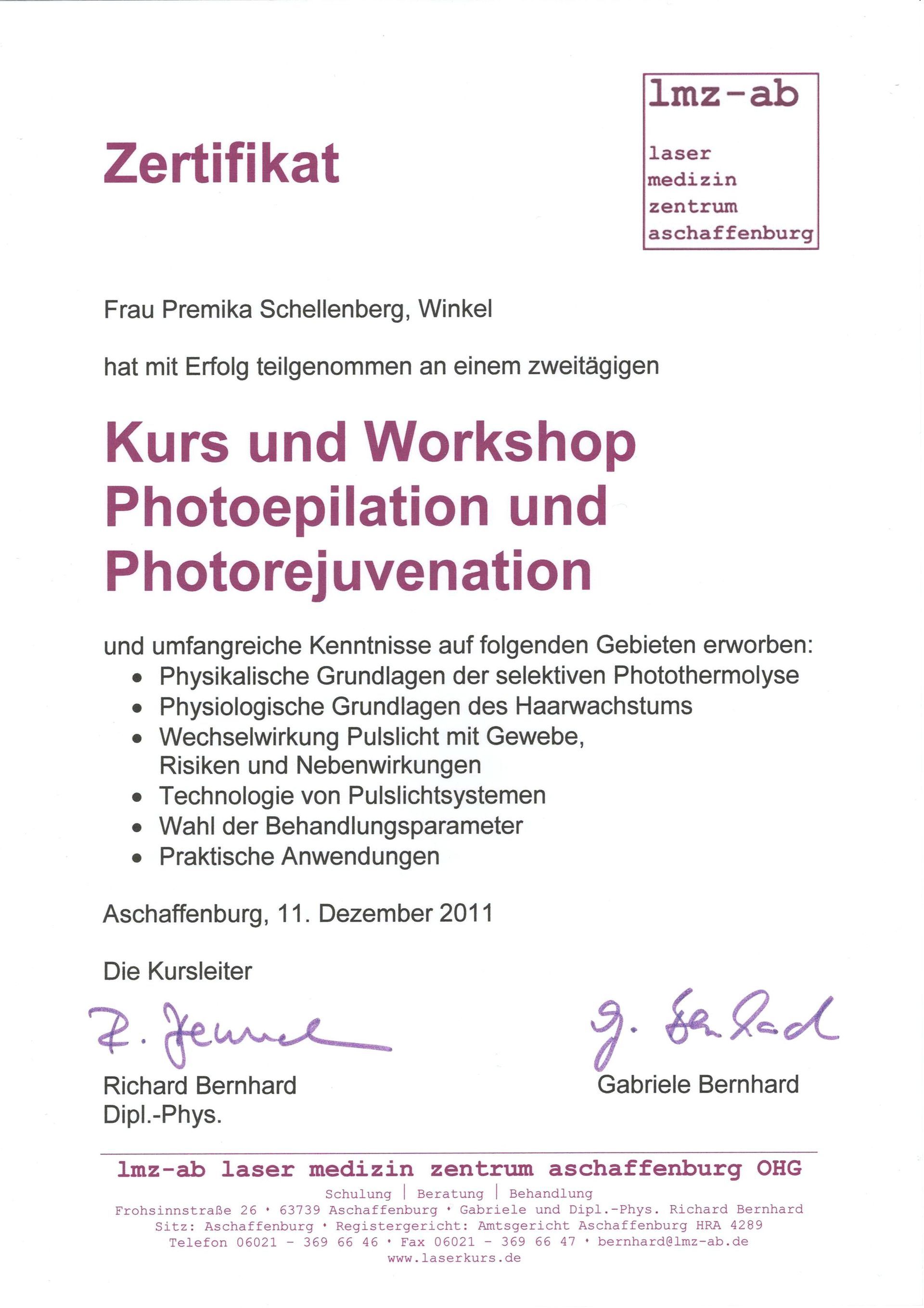 Premika Schellenberg - Haarentfernung Zürcher Unterland - Winkel ZH