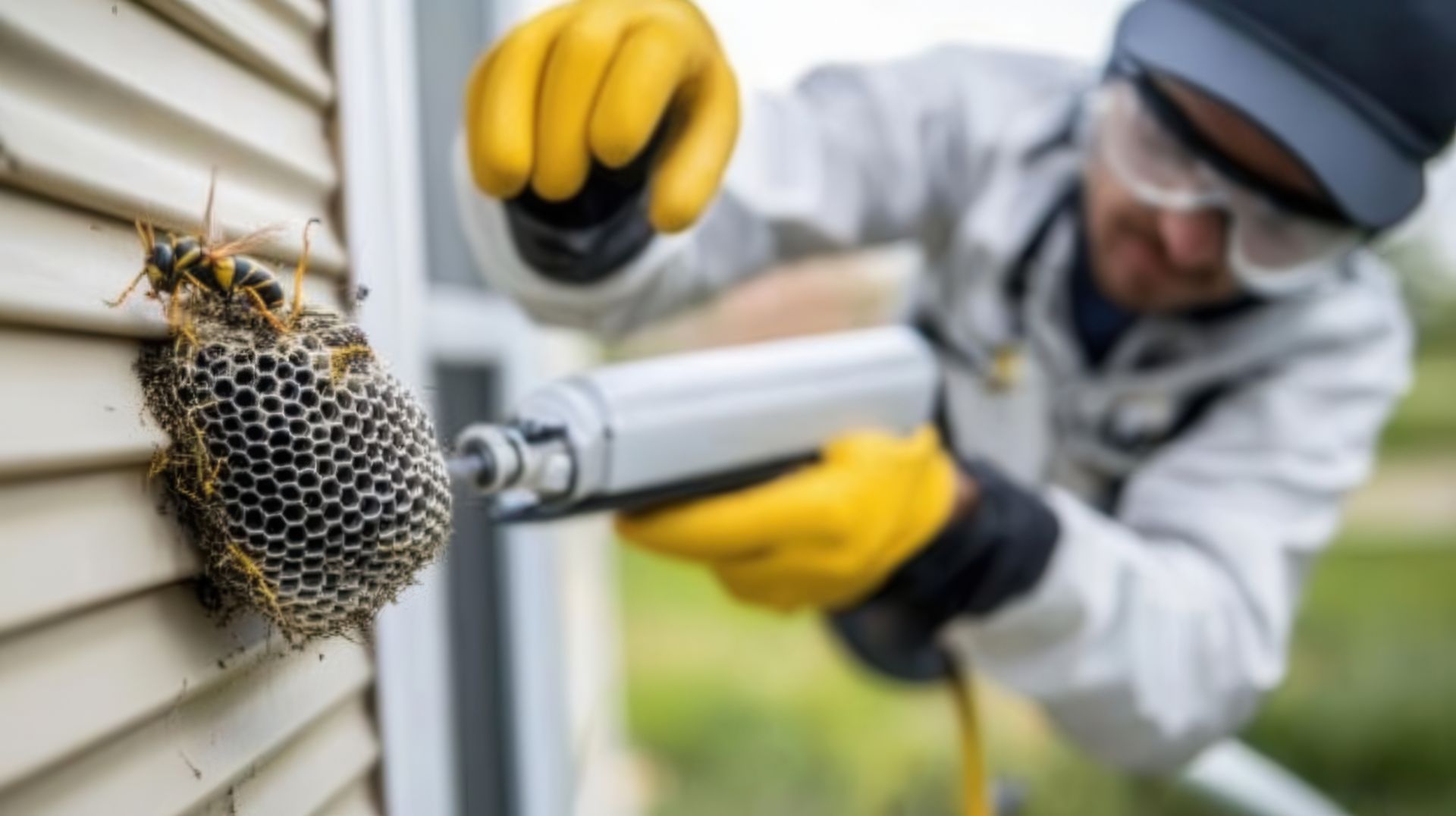Apiculteur en tenue de protection pulvérisant une ruche fixée au revêtement d'une maison.