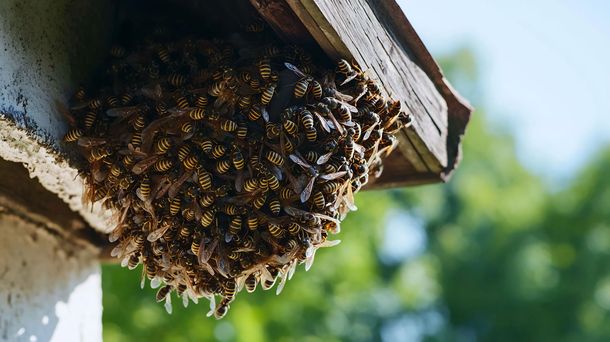 Un important essaim d'abeilles se trouve sous le rebord d'une structure en bois à l'extérieur.