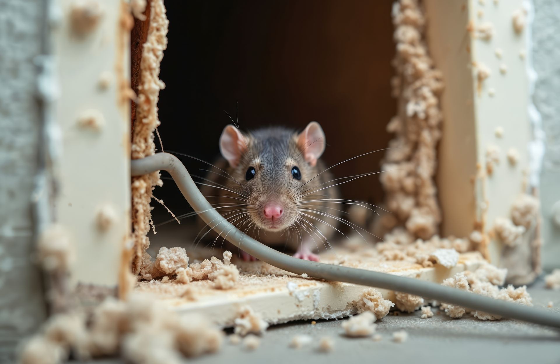 Une souris qui regarde par un trou dans un mur poussiéreux, à côté d'un câble gris.
