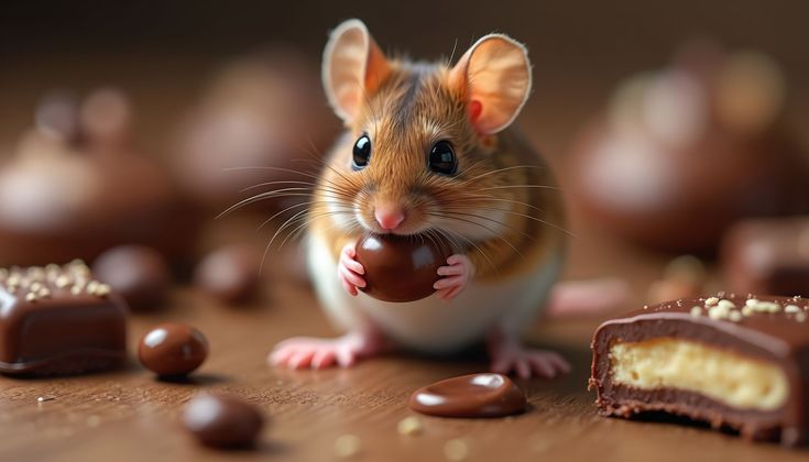Petite souris brune avec un bonbon dans les pattes, entourée de bonbons au chocolat et d'un morceau de barre chocolatée.