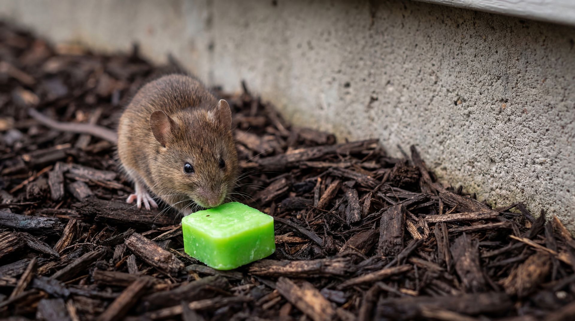 Une souris brune grignote un cube vert vif sur du paillis près d'un mur en béton.