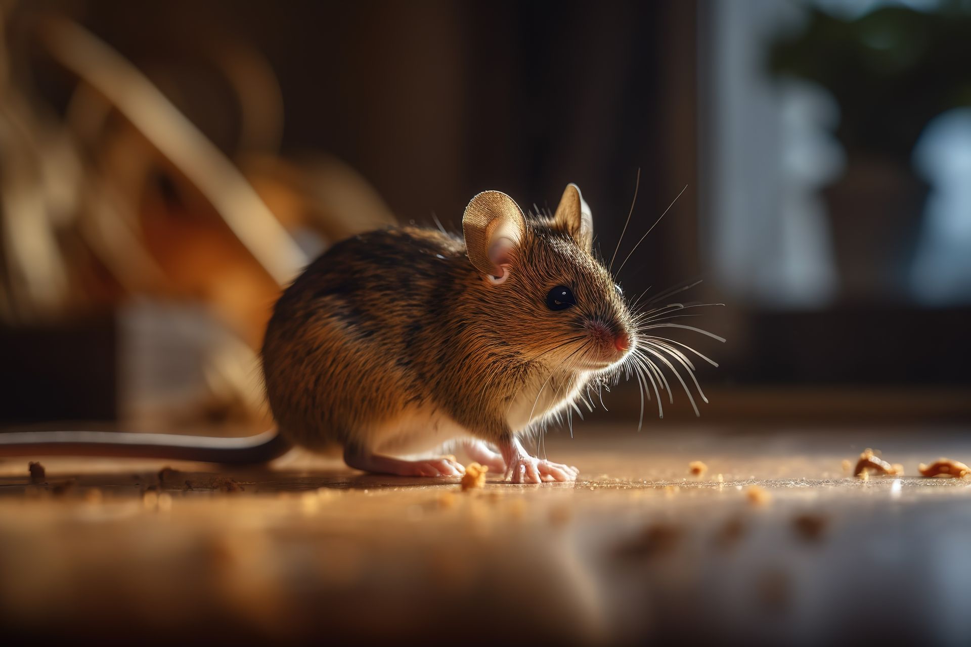 Petite souris brune sur un plancher en bois, éclairée par une lumière chaude, dont on aperçoit les moustaches et la queue.