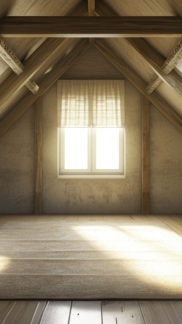 Intérieur mansardé avec plafond en pente, poutres en bois, fenêtre avec rideaux et lumière du soleil qui entre.
