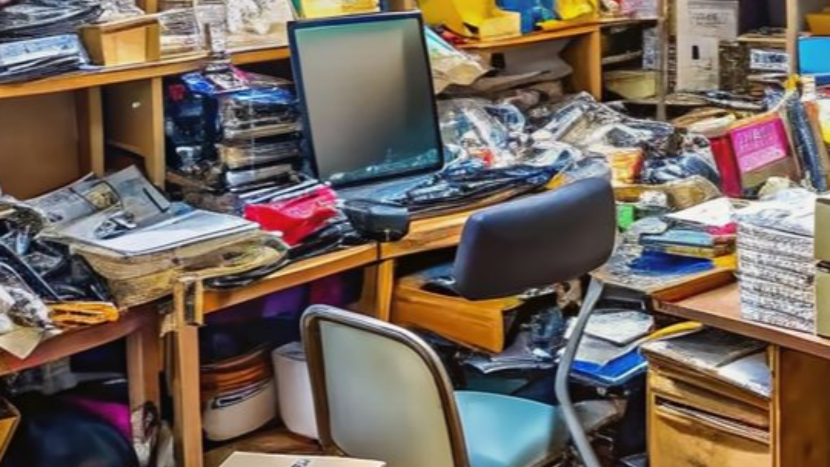 Bureau encombré : ordinateur portable, deux chaises, piles de papiers et divers objets.