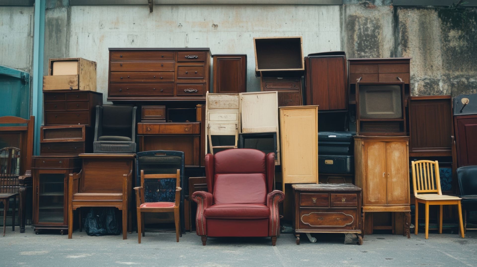 Une collection de meubles vintage, comprenant des commodes, des chaises et des armoires, disposés contre un mur patiné.