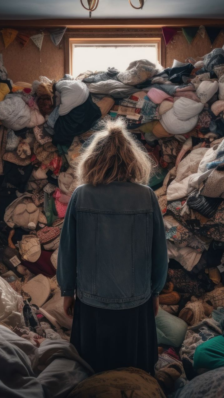 Femme dans une pièce encombrée, face à une énorme pile de tissus. Fenêtre en arrière-plan.