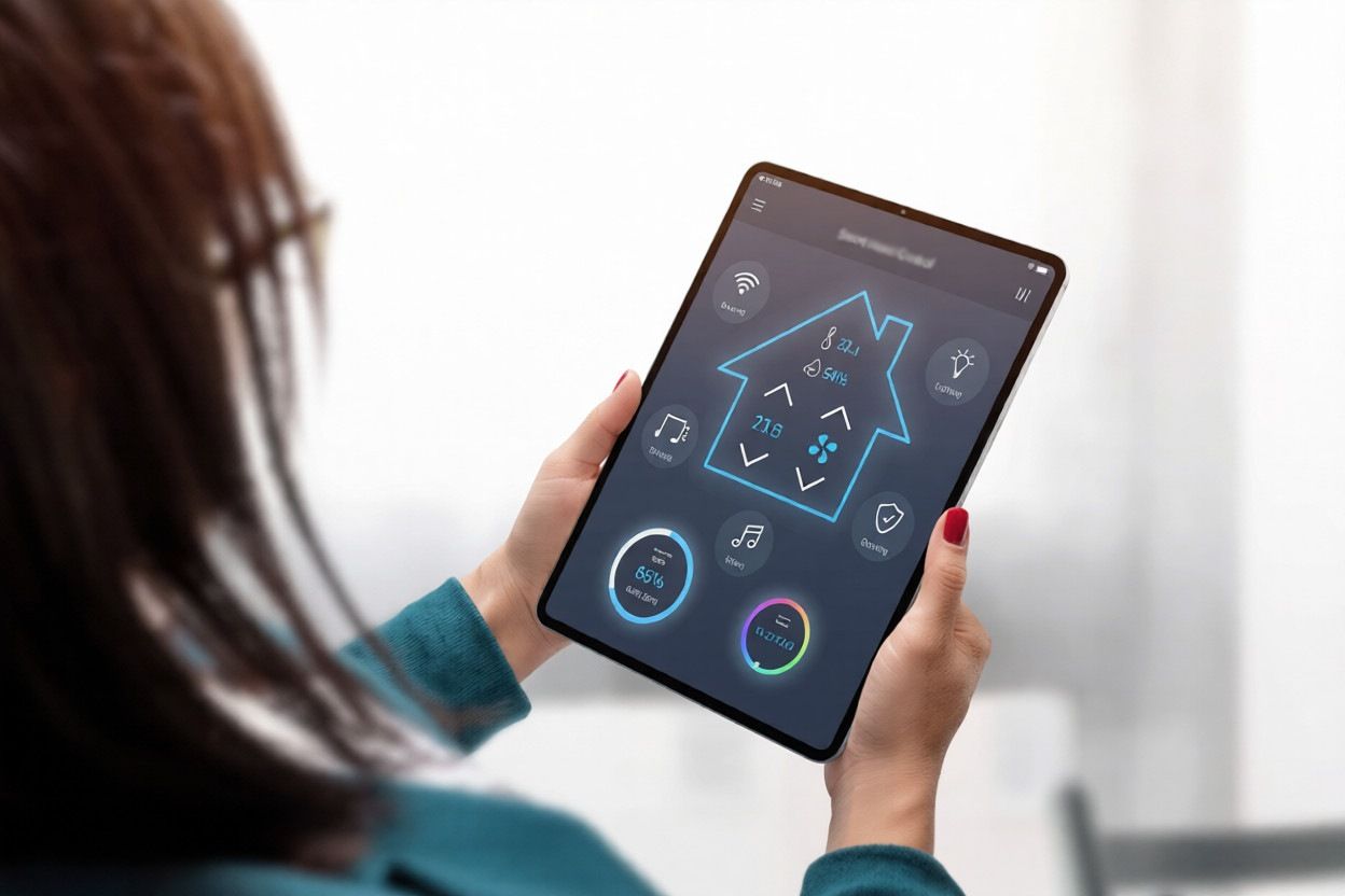 Eine Person hält ein Tablet in der Hand, auf dem eine Smart-Home-Steuerungsoberfläche mit kreisförmigen Anzeigen und einem Haussymbol angezeigt wird.