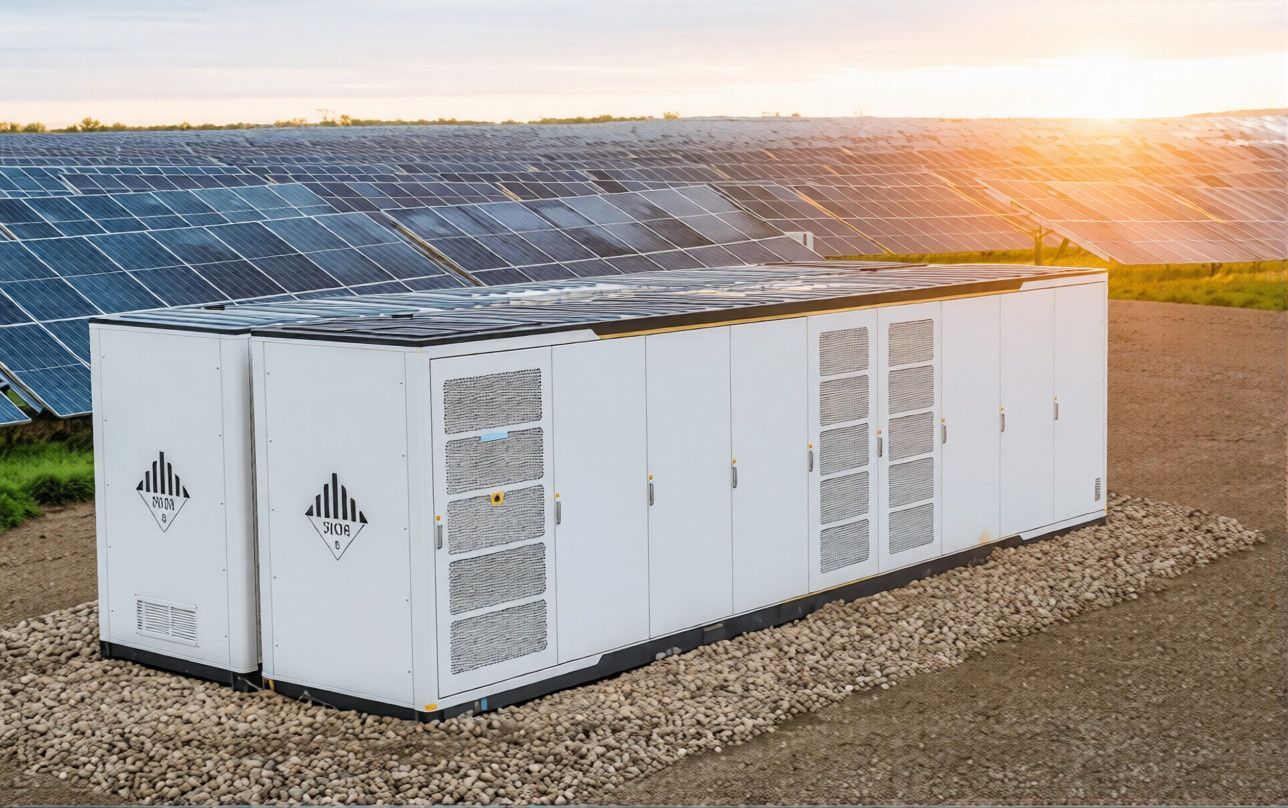 Ein weißes, rechteckiges Batteriespeichersystem steht bei Sonnenuntergang auf einer Kiesfläche vor einem großen Solarfeld.
