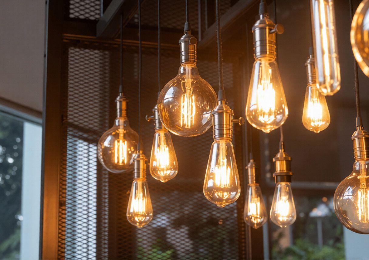 Eine Gruppe von Edison-Glühbirnen im Vintage-Stil hängt in unterschiedlichen Höhen vor einem dunklen, metallischen Gitterhintergrund.