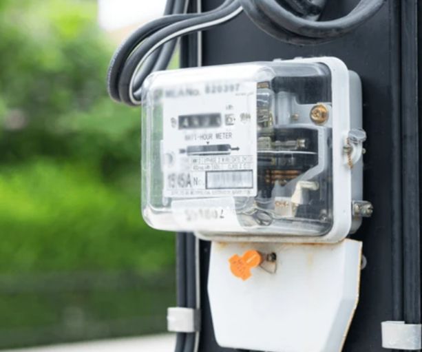 Ein elektrischer Wattstundenzähler im Außenbereich mit einer durchsichtigen Schutzabdeckung, montiert an einem dunklen Pfosten vor einem grünen, belaubten Hintergrund.