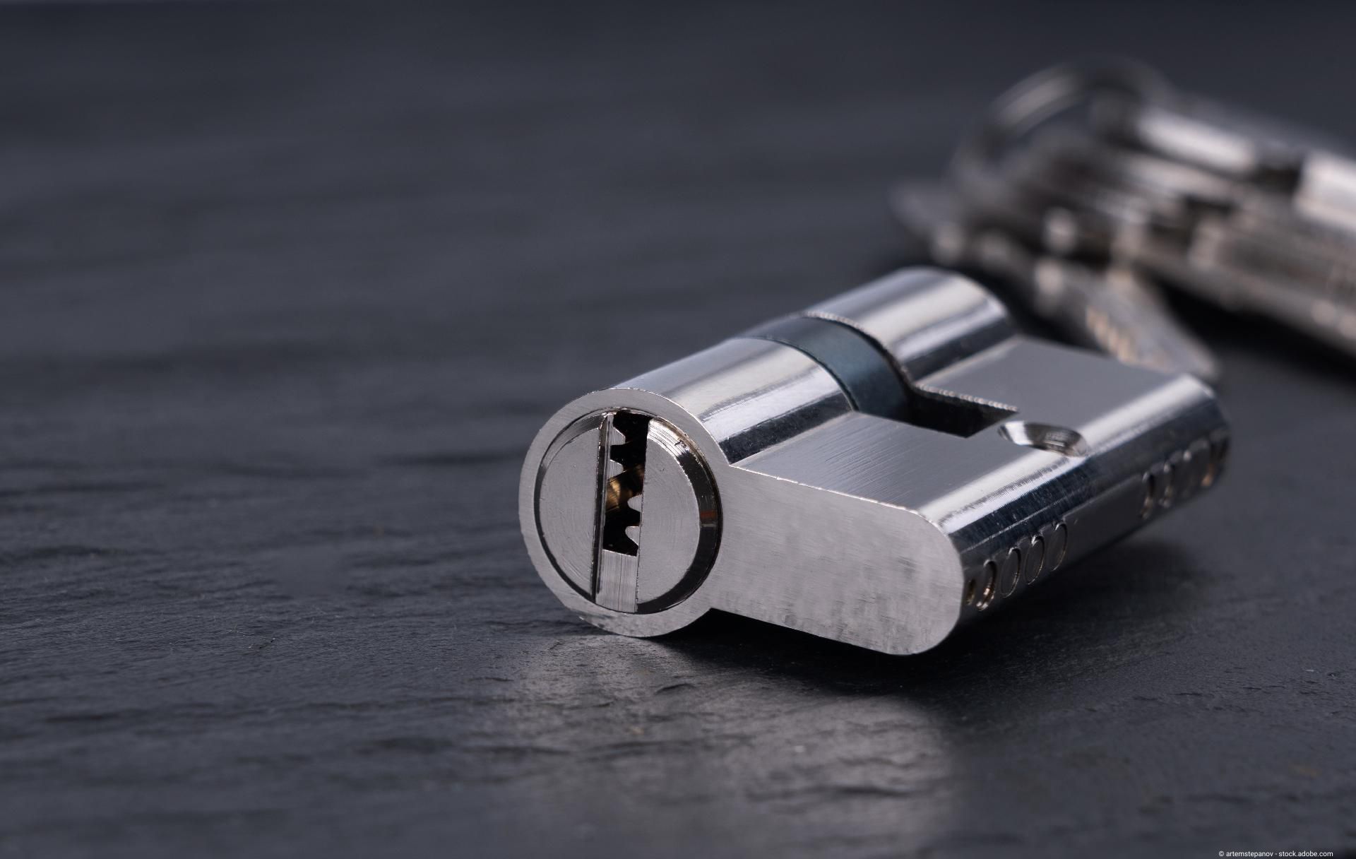 Ein ausgebautes Zylinderschloss liegt auf einem dunklen Tisch