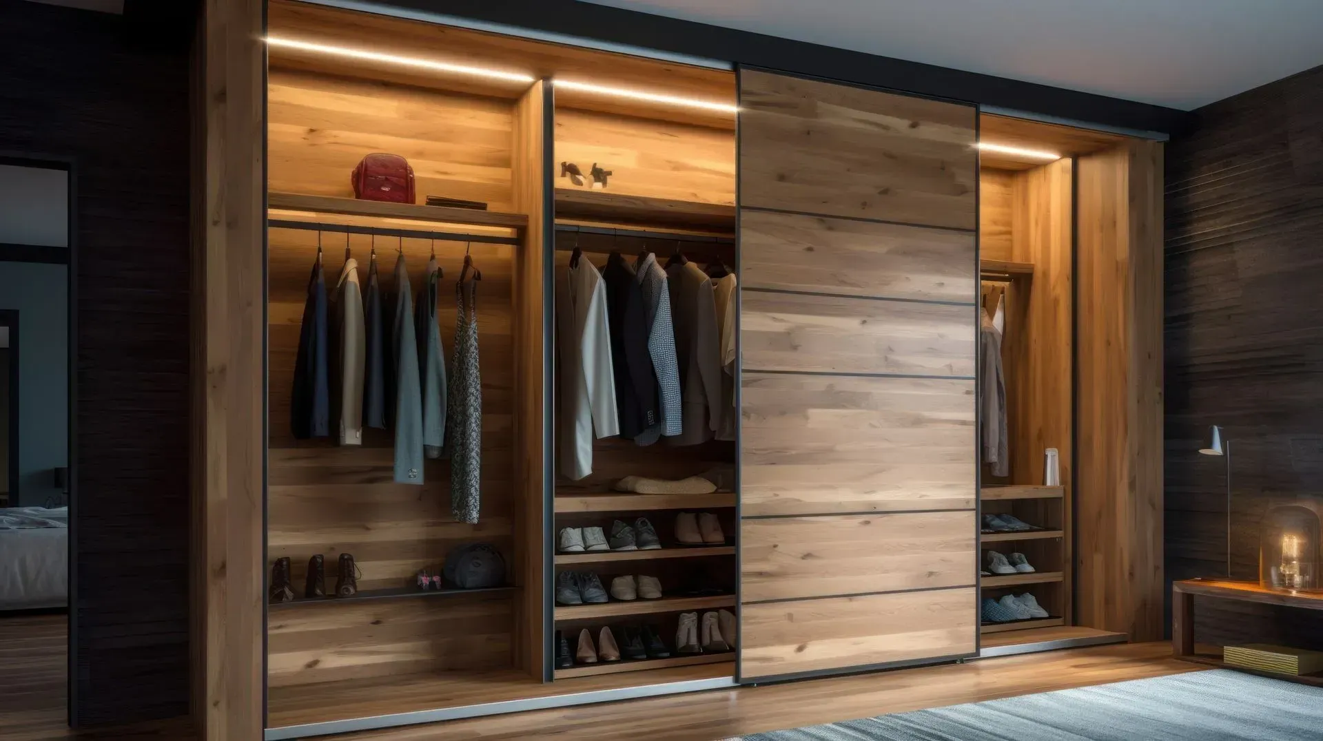 Placard en bois avec portes coulissantes, vêtements, chaussures et éclairage au plafond.