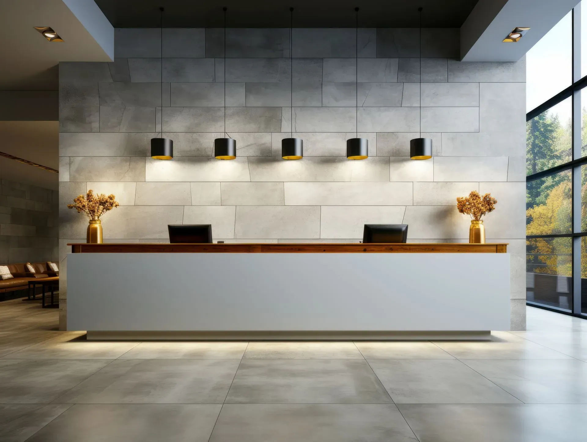 Réception d'hôtel avec lumières, accents dorés et une grande fenêtre donnant sur une forêt.