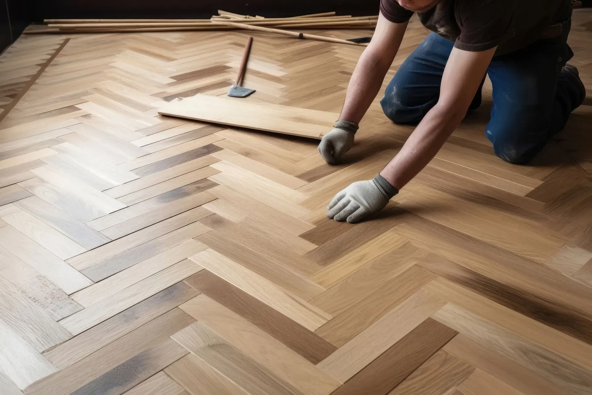 Personne installant un parquet à chevrons, portant des gants, dans une pièce.