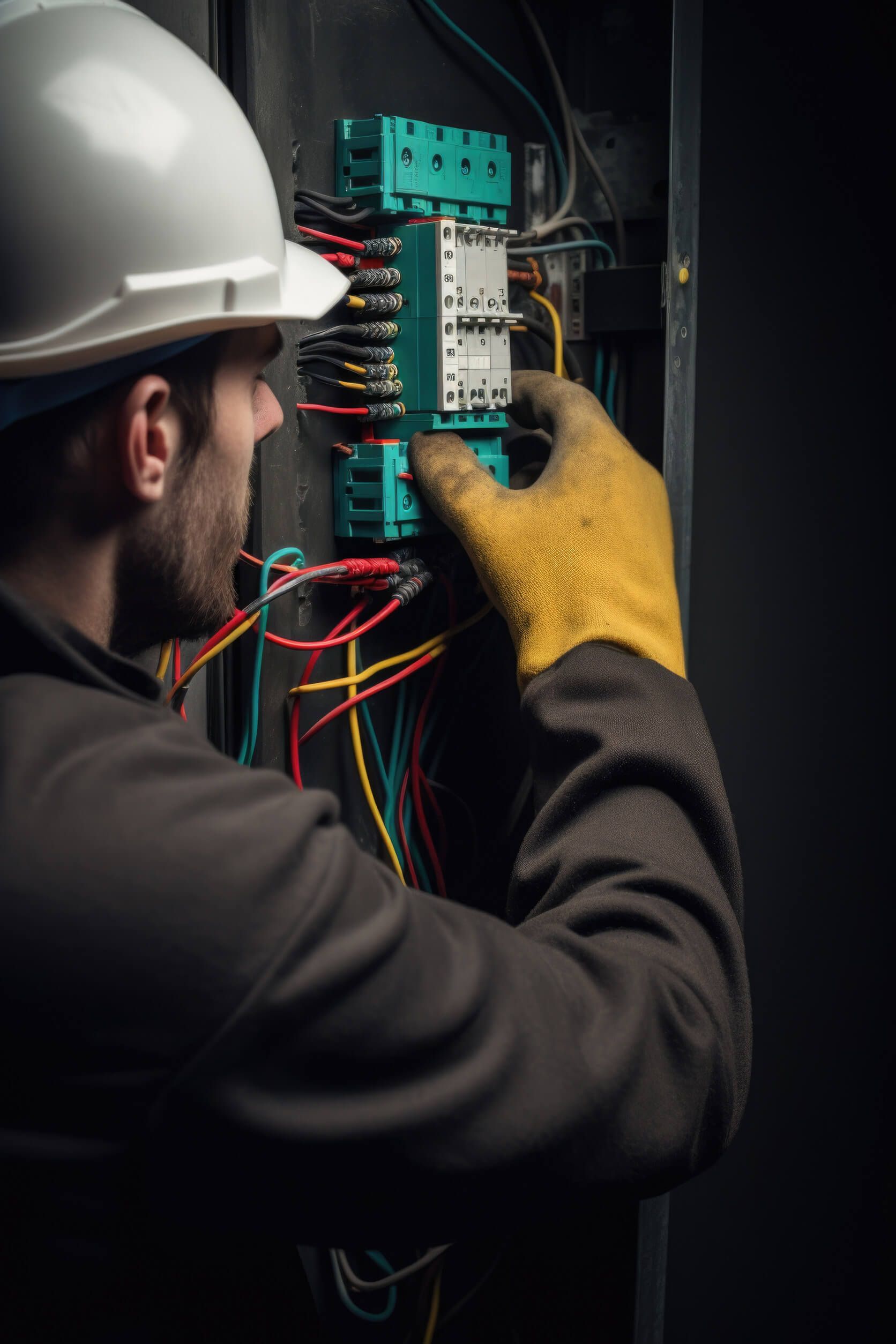 Un hombre que lleva casco y guantes está trabajando en una caja eléctrica.