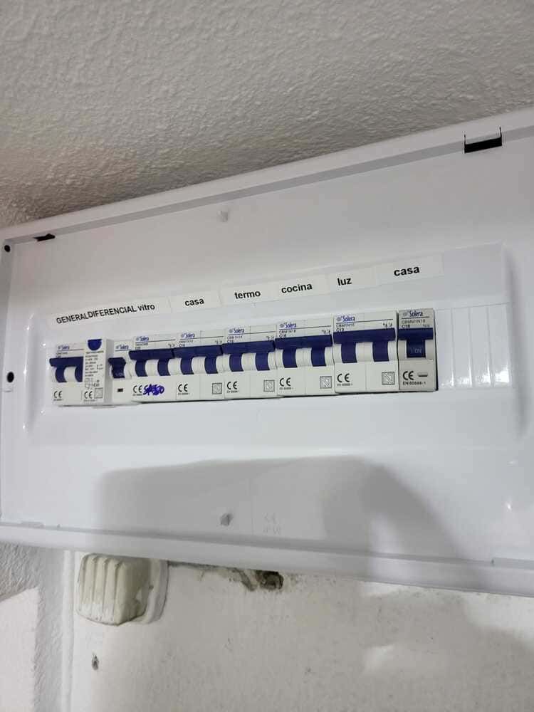 Panel eléctrico blanco con disyuntores etiquetados para diferentes circuitos