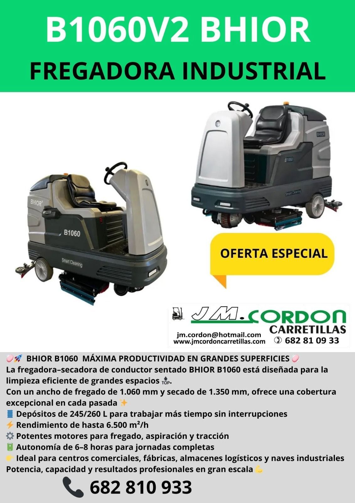 Anuncio de una fregadora de suelos industrial B1060V2 BHIOR, con fotografía de la máquina e información de contacto.