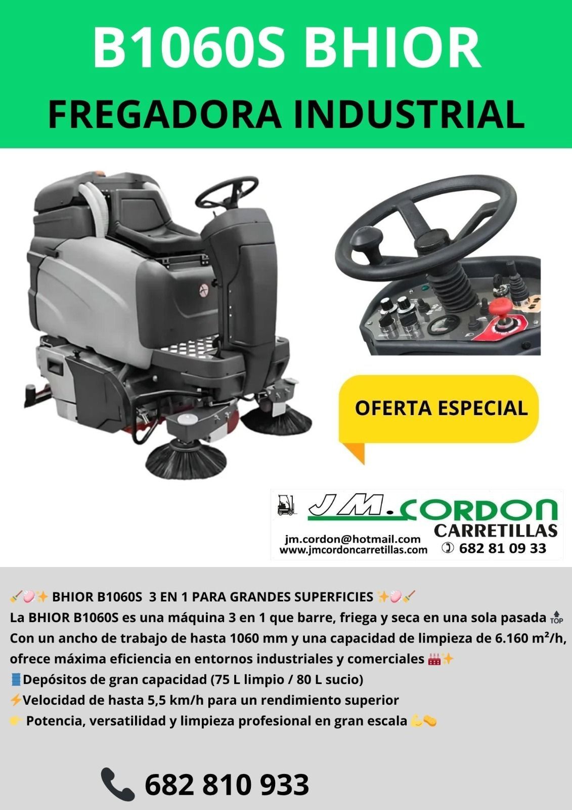 Folleto de la barredora/aspiradora BS680P. Muestra tres vistas de la máquina, con texto que destaca sus características y un número de contacto.