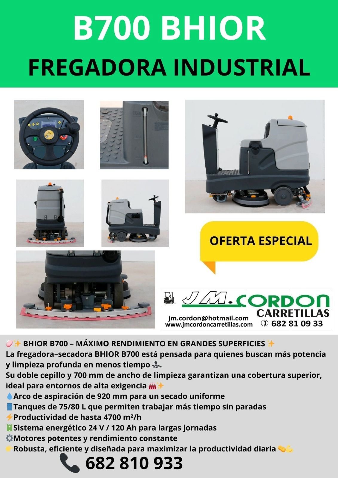 Anuncio de una barredora/aspiradora industrial BS1400. Muestra la máquina con una insignia de 