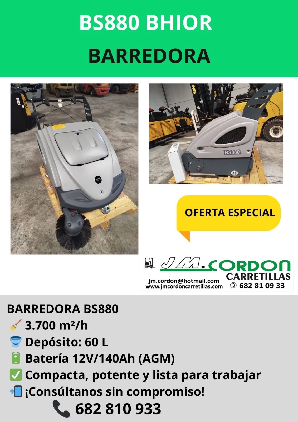 Anuncio de una barredora BS880 BHIOR. Incluye especificaciones, foto y una insignia de 