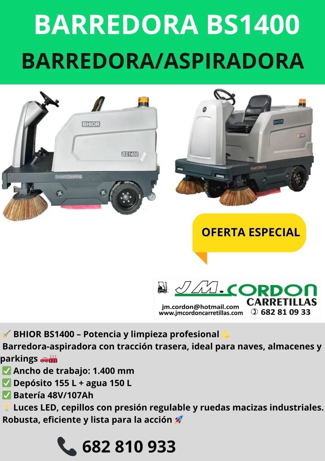 Anuncio de una barredora/aspiradora industrial BS1400. Muestra la máquina con una insignia de 