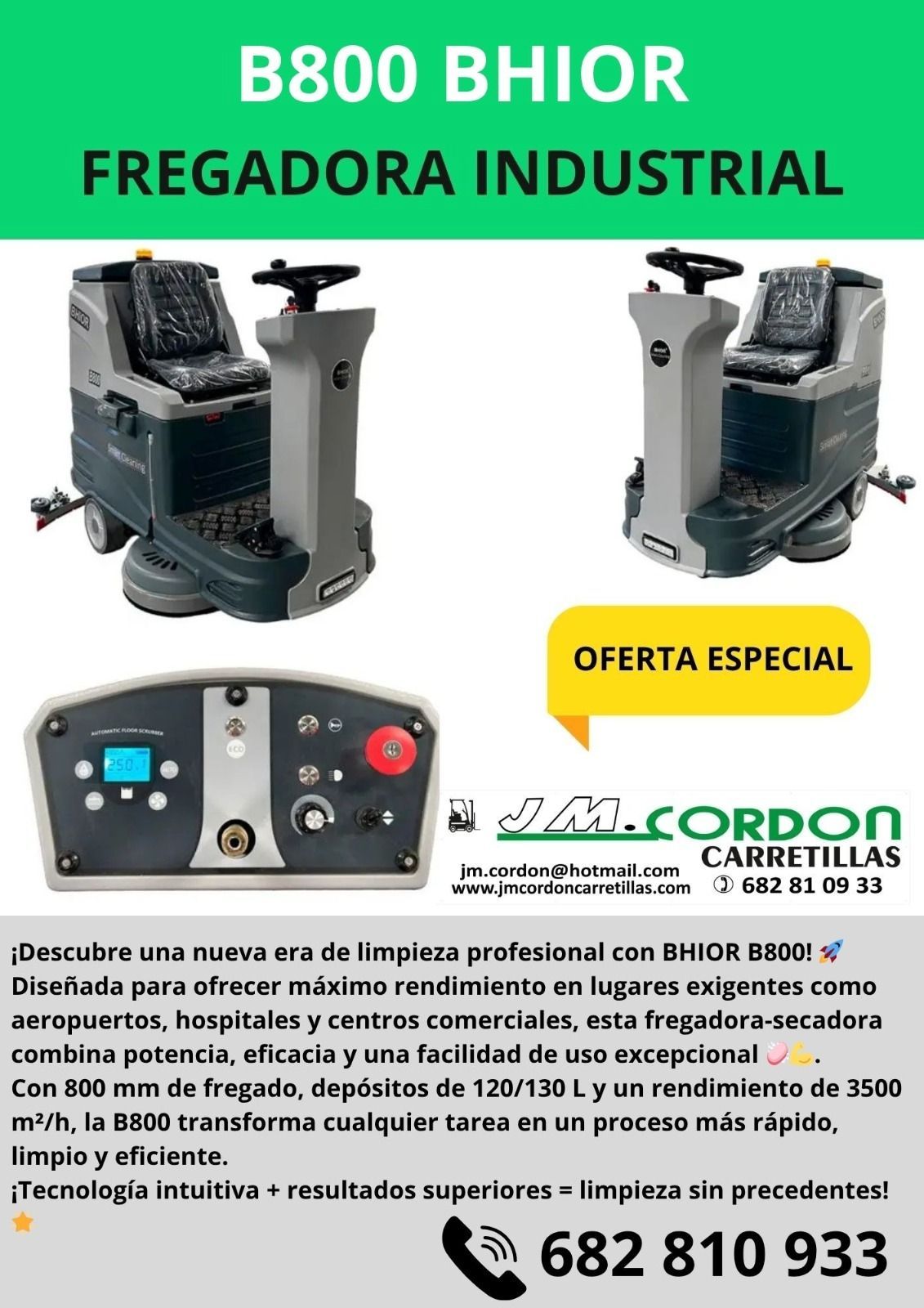 Anuncio de una barredora/aspiradora industrial BS1400. Muestra la máquina con una insignia de 