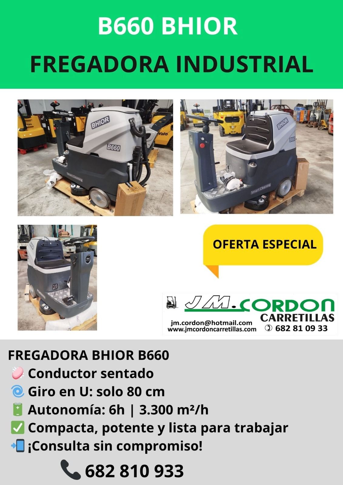 Anuncio de una barredora/aspiradora industrial BS1400. Muestra la máquina con una insignia de 