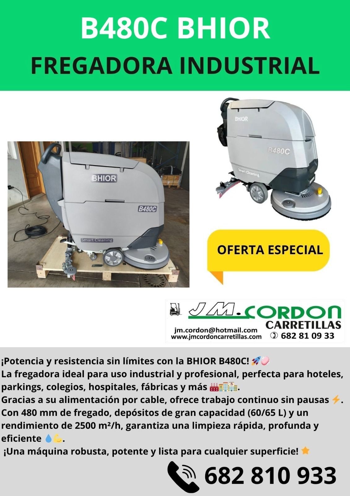 Anuncio de una barredora industrial BS850, con fotos de la máquina y datos de contacto.