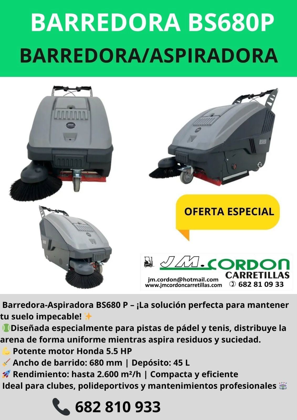 Folleto de la barredora/aspiradora BS680P. Muestra tres vistas de la máquina, con texto que destaca sus características y un número de contacto.