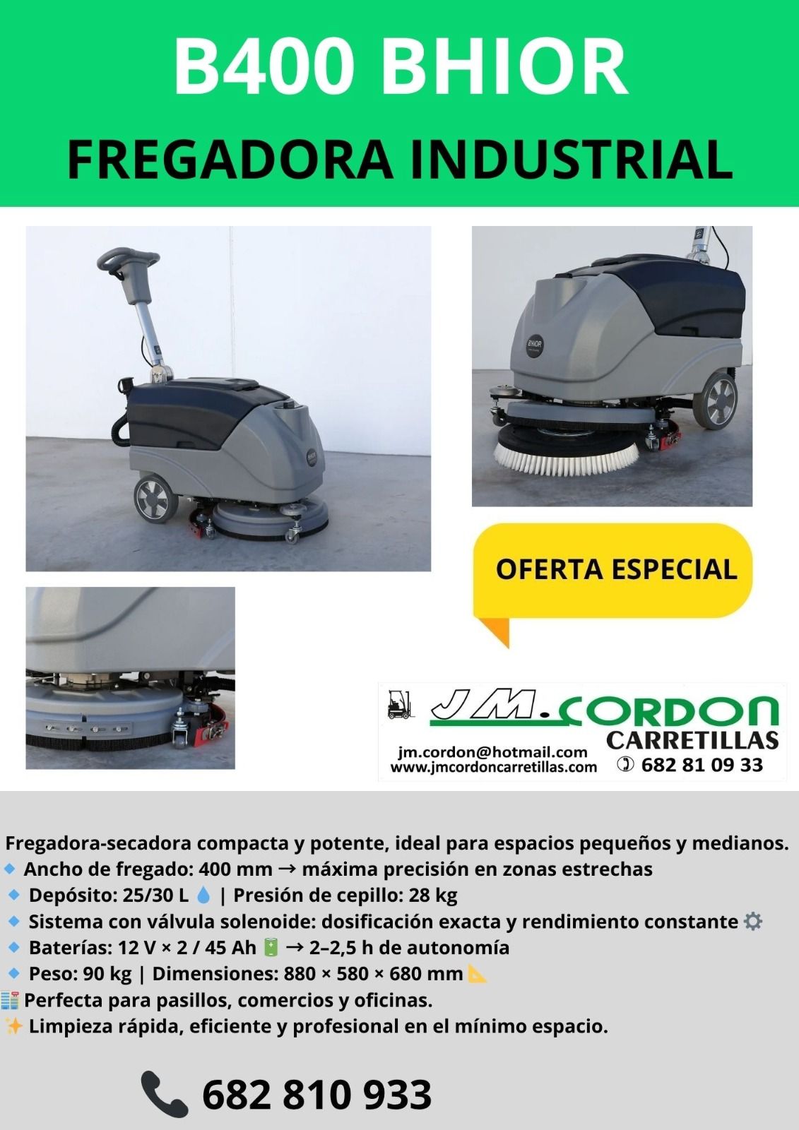 Barredora manual industrial, cuerpo gris, con texto: 